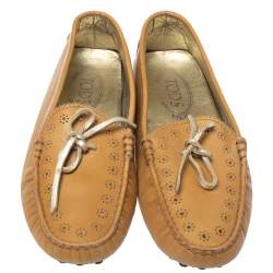Pre Owned Tod's Tan Perforated Leather Bow Loafers Size 37.5