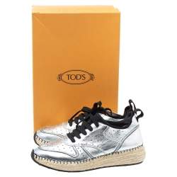 Pre Owned Tod's Metallic Silver Perforated Leather Espadrille Low Top Sneakers Size 39