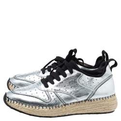 Pre Owned Tod's Metallic Silver Perforated Leather Espadrille Low Top Sneakers Size 39