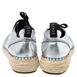Pre Owned Tod's Metallic Silver Perforated Leather Espadrille Low Top Sneakers Size 39