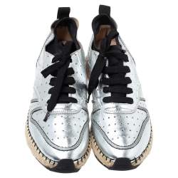 Pre Owned Tod's Metallic Silver Perforated Leather Espadrille Low Top Sneakers Size 39