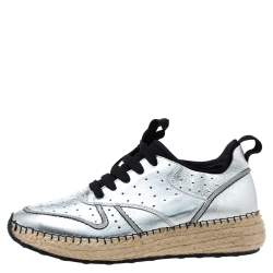 Pre Owned Tod's Metallic Silver Perforated Leather Espadrille Low Top Sneakers Size 39