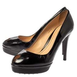 Pre Owned حذاء كعب عالى نعل سميك مقدمة مفتوحة جلد لامع أسود مقاس 38.5