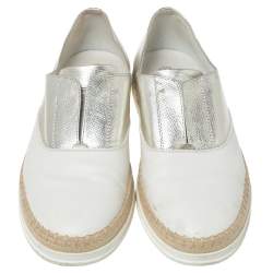 Pre Owned Tod's Metallic Silver and White Leather Francesina Espadrille Slip On Sneakers Size 39