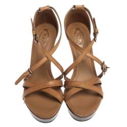 Tod's Beige Leather Criss Cross Ankle Strap Open Toe Platform Sandals Size 36