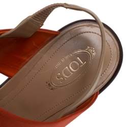 Tod's Orange/Beige Satin And Leather Ankle Strap Block Heel Slingback Sandals Size 38.5