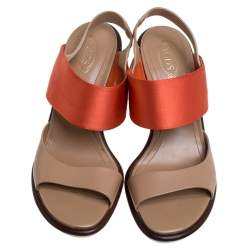 Tod's Orange/Beige Satin And Leather Ankle Strap Block Heel Slingback Sandals Size 38.5