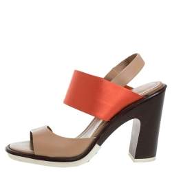 Tod's Orange/Beige Satin And Leather Ankle Strap Block Heel Slingback Sandals Size 38.5