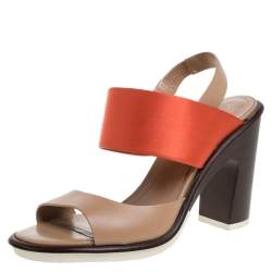 Tod's Orange/Beige Satin And Leather Ankle Strap Block Heel Slingback Sandals Size 38.5