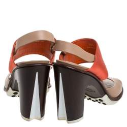 Tod's Orange/Beige Satin And Leather Ankle Strap Block Heel Slingback Sandals Size 38.5