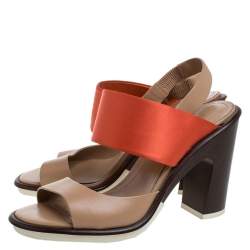 Tod's Orange/Beige Satin And Leather Ankle Strap Block Heel Slingback Sandals Size 38.5
