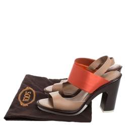 Tod's Orange/Beige Satin And Leather Ankle Strap Block Heel Slingback Sandals Size 38.5
