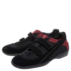 Tod's Black/Red Suede And Fabric Velcro Strap Sneakers Size 40.5