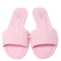 Pre Owned Tod's Pink Studded Suede Flat Slide Sandals Size 38.5