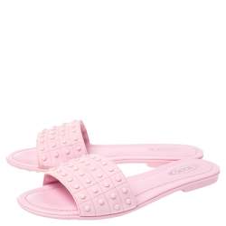 Pre Owned Tod's Pink Studded Suede Flat Slide Sandals Size 38.5