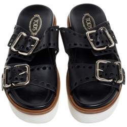 مملوكة مسبقًا Tod's Black Perforated Leather Buckled Platform Sandals Size 38.5