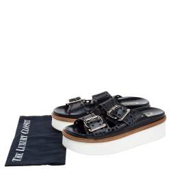 مملوكة مسبقًا Tod's Black Perforated Leather Buckled Platform Sandals Size 38.5