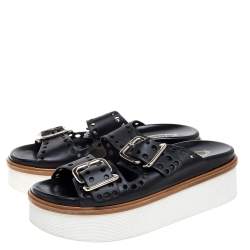 مملوكة مسبقًا Tod's Black Perforated Leather Buckled Platform Sandals Size 38.5