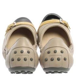 Tod's Beige/Black Leather And Patent Leather Cap Toe Buckle Detail Scrunch Ballet Flats Size 38