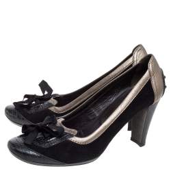 Pre Owned Tod's Black Suede And Lizard Embossed Leather Kiltie Bow Pumps Size 38.5