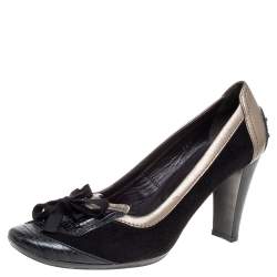 Pre Owned Tod's Black Suede And Lizard Embossed Leather Kiltie Bow Pumps Size 38.5