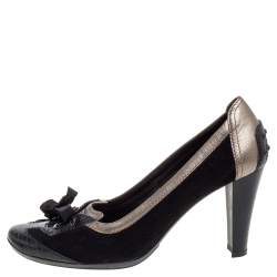 Pre Owned Tod's Black Suede And Lizard Embossed Leather Kiltie Bow Pumps Size 38.5