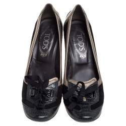 Pre Owned Tod's Black Suede And Lizard Embossed Leather Kiltie Bow Pumps Size 38.5