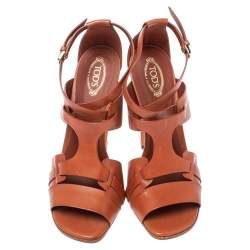 Tod's Brown Cage Leather Peep Toe Ankle Strap Block Heel  Sandals Size 39