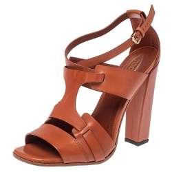 Tod's Brown Cage Leather Peep Toe Ankle Strap Block Heel  Sandals Size 39