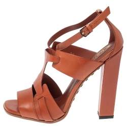 Tod's Brown Cage Leather Peep Toe Ankle Strap Block Heel  Sandals Size 39