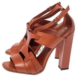 Tod's Brown Cage Leather Peep Toe Ankle Strap Block Heel  Sandals Size 39
