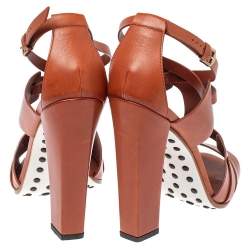 Tod's Brown Cage Leather Peep Toe Ankle Strap Block Heel  Sandals Size 39