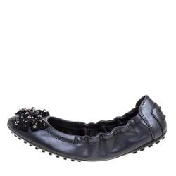 Pre Owned Tod's Black Leather Crystal Embellished Bow Scrunch Ballet Flats Size 38
