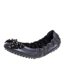 Pre Owned Tod's Black Leather Crystal Embellished Bow Scrunch Ballet Flats Size 38