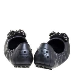 Pre Owned Tod's Black Leather Crystal Embellished Bow Scrunch Ballet Flats Size 38