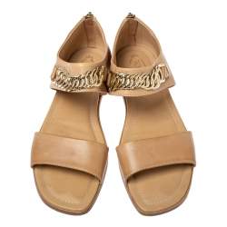 Pre Owned Tod's Beige Leather Chain Link Strap Flat Sandals Size 38