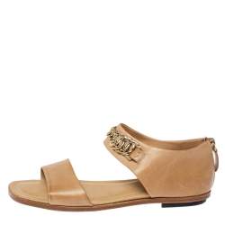 Pre Owned Tod's Beige Leather Chain Link Strap Flat Sandals Size 38