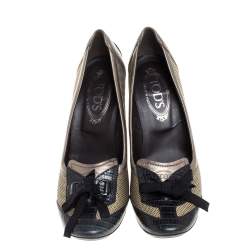 Tod's Tricolor Raffia And Croc Embossed Leather Bow Loafer Pumps Size 40