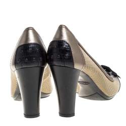 Tod's Tricolor Raffia And Croc Embossed Leather Bow Loafer Pumps Size 40