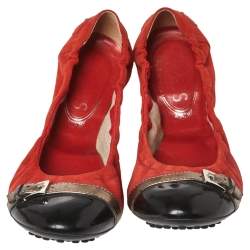 Tod's Orange/Black Suede and Patent Leather Cap Toe Scrunch Ballet Flats Size 37.5