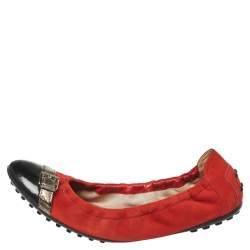 Tod's Orange/Black Suede and Patent Leather Cap Toe Scrunch Ballet Flats Size 37.5