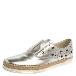 Tod's Metallic Silver Leather Francesina Espadrille Slip On Sneakers Size 39