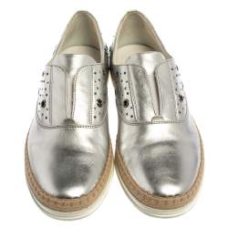 Tod's Metallic Silver Leather Francesina Espadrille Slip On Sneakers Size 39
