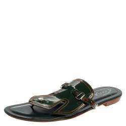 Tod's Green Patent Leather Buckle Detail Thong Flats Size 40.5