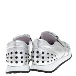 Pre Owned Tod's Silver/Black Leather Fringed Slip On Sneakers Size 37.5