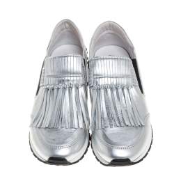 Pre Owned Tod's Silver/Black Leather Fringed Slip On Sneakers Size 37.5