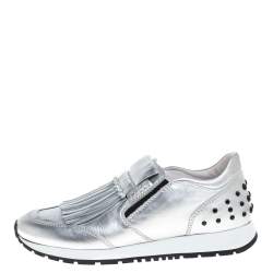 Pre Owned Tod's Silver/Black Leather Fringed Slip On Sneakers Size 37.5