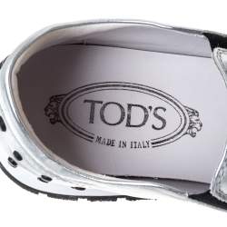 Pre Owned Tod's Silver/Black Leather Fringed Slip On Sneakers Size 37.5