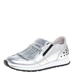 Pre Owned Tod's Silver/Black Leather Fringed Slip On Sneakers Size 37.5
