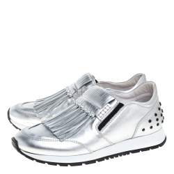 Pre Owned Tod's Silver/Black Leather Fringed Slip On Sneakers Size 37.5